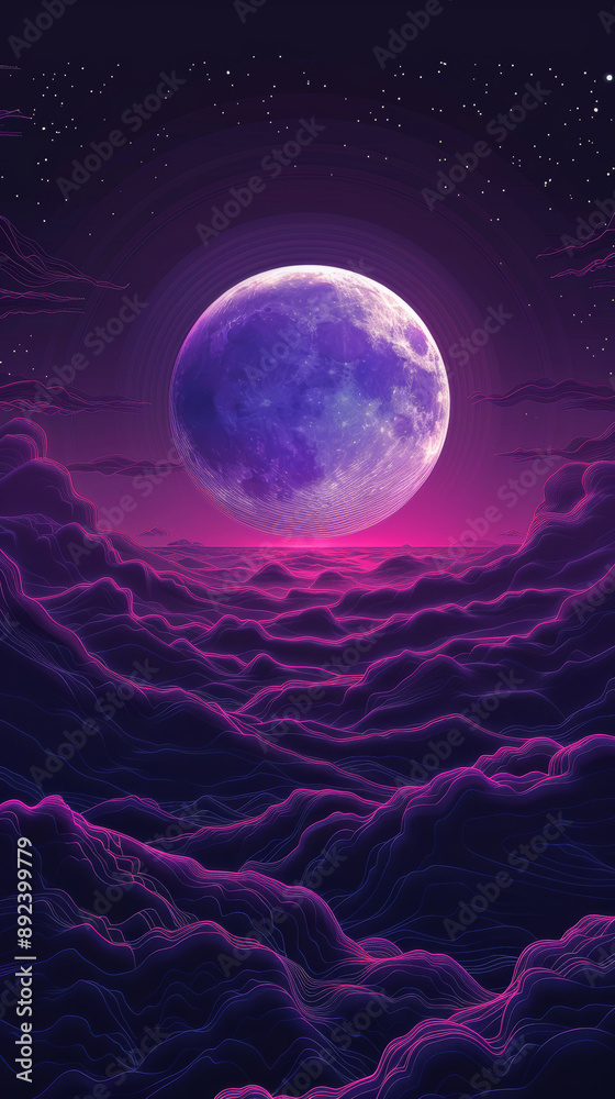 Fototapeta premium Glowing moon above neon landscape in twilight