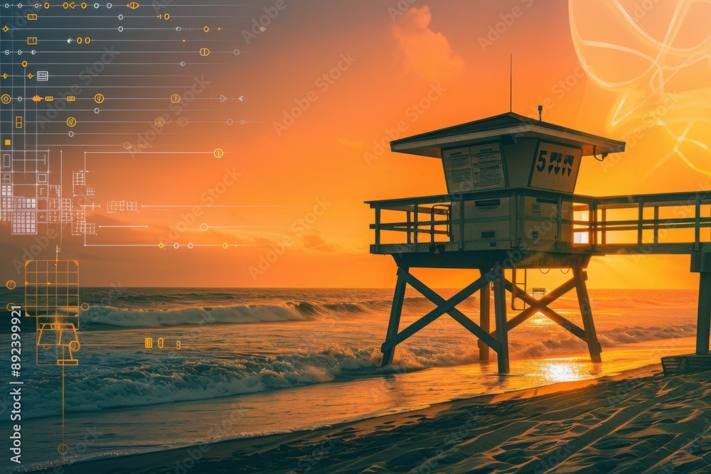 Lifeguard tower overlooking a data stream ocean, with copy space Lifeguard tower overlooking a data stream ocean, with copy space