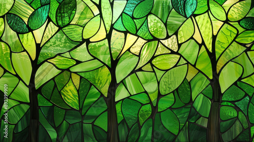 Stained glass art depicting green trees with vibrant leaves