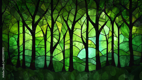 Stained glass art featuring a lush green forest