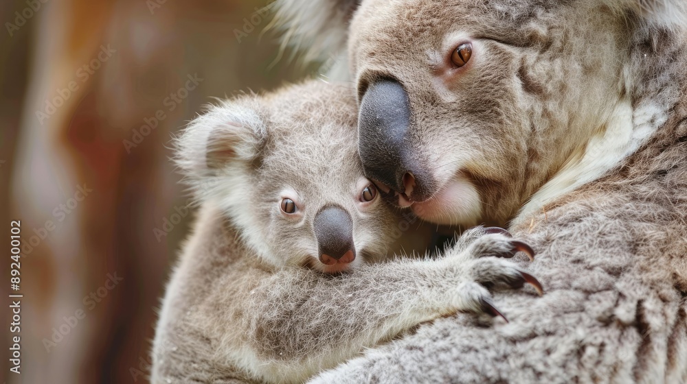 Adorable koala joey clinging to its mother, their soft fur and close bond creating a heartwarming image Adorable koala joey clinging to its mother, their soft fur and close bond creating a heartwarming image