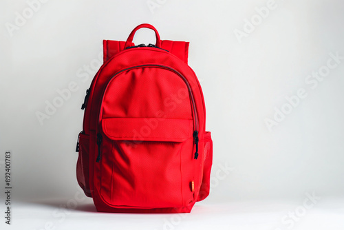 red school bag on white background, back to school