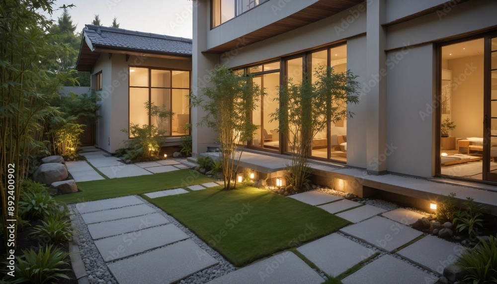 Modern Japanese home with clean lines and large windows, overlooking a minimalist garden with bamboo and stepping stones, illuminated by soft evening light
Modern Japanese home with clean lines and large windows, overlooking a minimalist garden with bamboo and stepping stones, illuminated by soft evening light