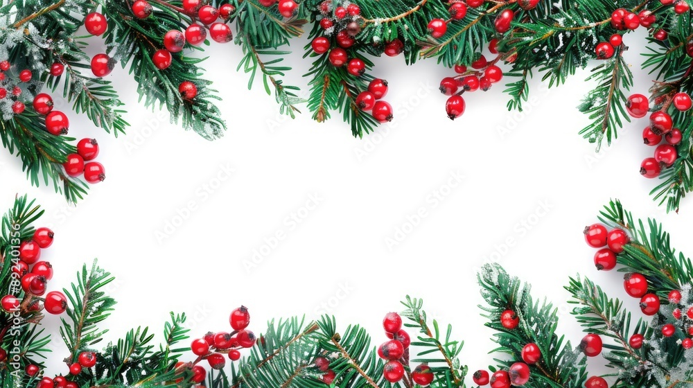 Christmas Border with Tree Branches and Berries on White Background