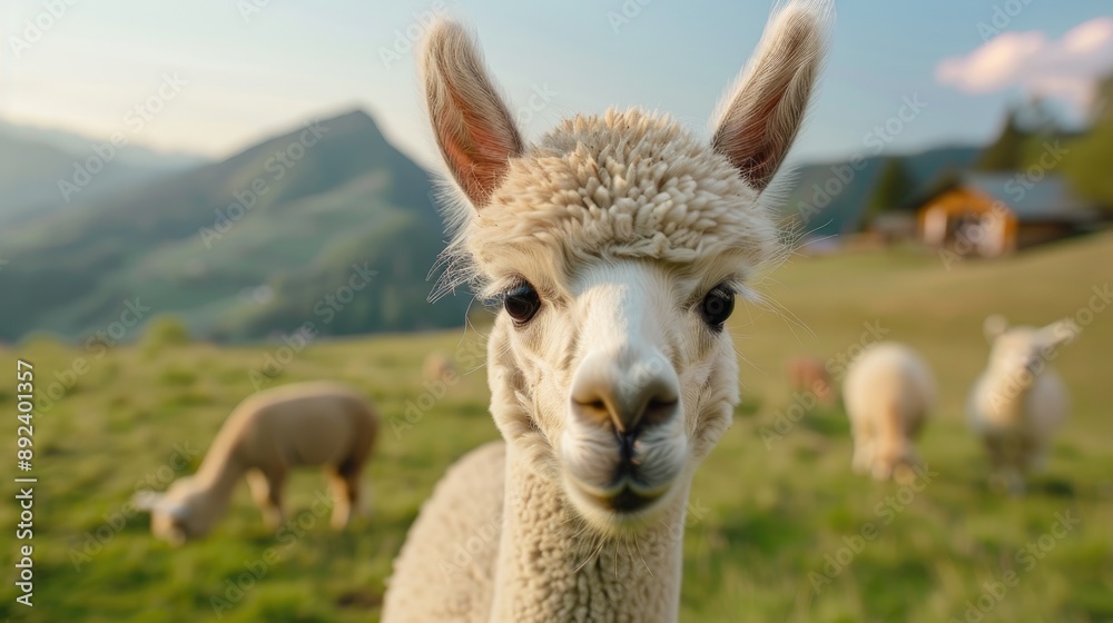 Furry alpaca with a whimsical expression, standing in a green pasture with mountains in the background Furry alpaca with a whimsical expression, standing in a green pasture with mountains in the background