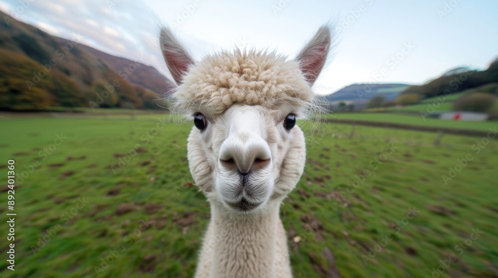 Obraz premium Furry alpaca with a whimsical expression, standing in a green pasture with mountains in the background