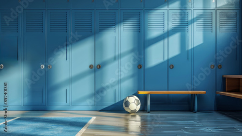 Locker room with blue lockers and a soccer ball, sports facilities concept photo