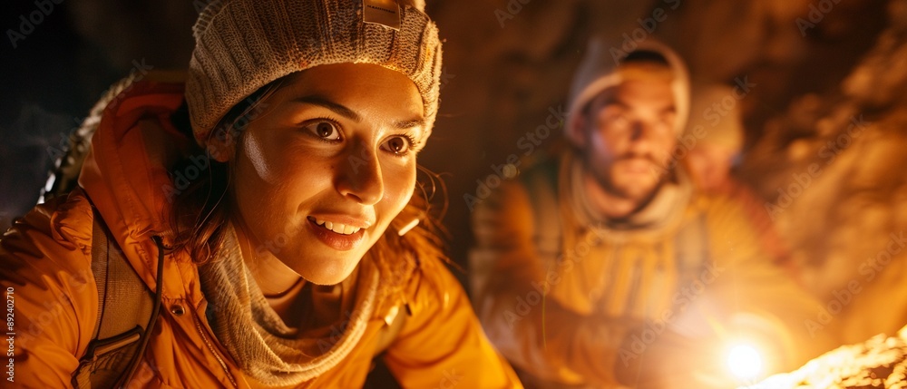 Researchers investigating a mysterious cave, flashlights revealing ancient markings, expressions of awe and joy, Realistic, Natural tones, High detail, Dark cave interior backdrop Researchers investigating a mysterious cave, flashlights revealing ancient markings, expressions of awe and joy, Realistic, Natural tones, High detail, Dark cave interior backdrop