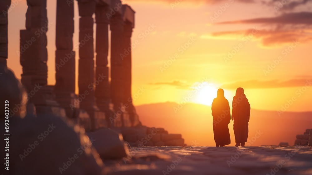 Fototapeta premium Travelers exploring an ancient city, marveling at historic ruins, warm sunlight highlighting their faces, Realistic, Warm tones, High detail, Cultural heritage setting