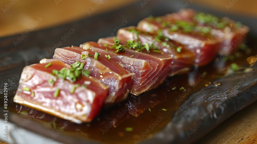 Tuna seared or dried on pine slats in sauces fennel and chives Tuna seared or dried on pine slats in sauces fennel and chives