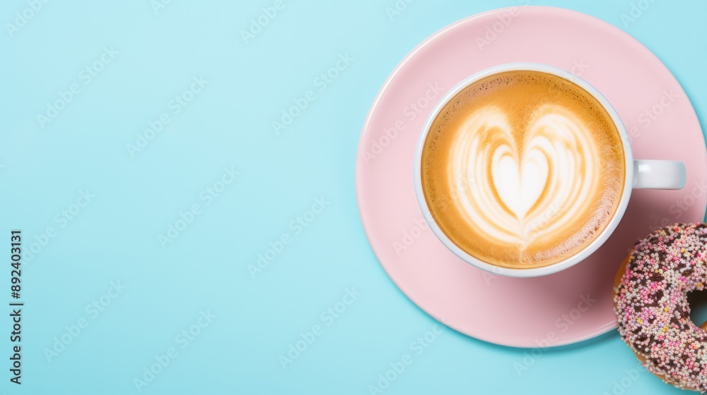 Photograph of a cappuccino with a sprinkled donut on a pastel blue table Photograph of a cappuccino with a sprinkled donut on a pastel blue table