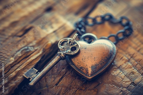 Pair of old-fashioned keys with a heart-shaped locket, unlocking love concept, with copy space