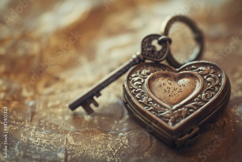 Pair of old-fashioned keys with a heart-shaped locket, unlocking love concept, with copy space photo