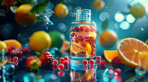 Clear Crystal Bottle of Vitamin C with Hologram for Immune Boosting Surrounded by Fresh Citrus Fruits and Berries Ideal for Marketing