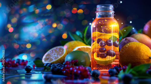 Citrus Fruits and Berries with Vitamin C in Clear Crystal Bottle and Hologram Enhancing Immune Function for Effective Advertisement