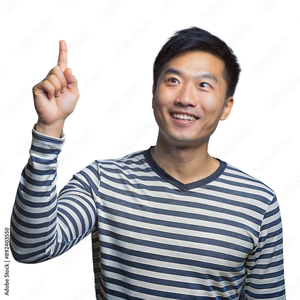 Smiling Man In Striped Shirt Points Upwards With One Finger Smiling Man In Striped Shirt Points Upwards With One Finger