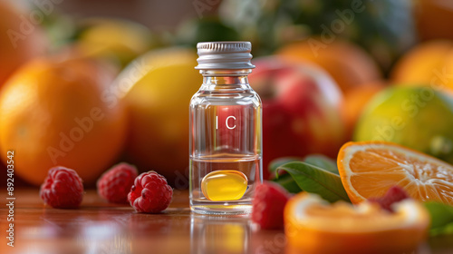 Vitamin C Immune Boosting Supplement with Hologram in Clear Crystal Bottle Surrounded by Citrus Fruits and Berries for Robust Immunity Advertisement