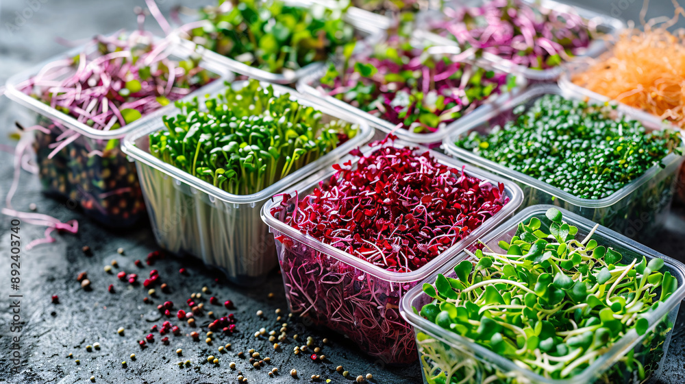 Colorful variety of fresh microgreens in biodegradable packaging Colorful variety of fresh microgreens in biodegradable packaging