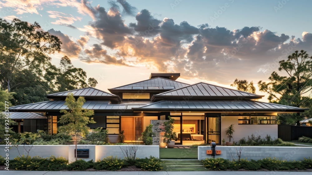 Contemporary suburban home with a unique roof design and an emphasis on horizontal lines, set during sunset Contemporary suburban home with a unique roof design and an emphasis on horizontal lines, set during sunset