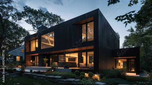 Contemporary suburban home with a dark matte exterior, contrasting with bright, angular windows and a serene setting