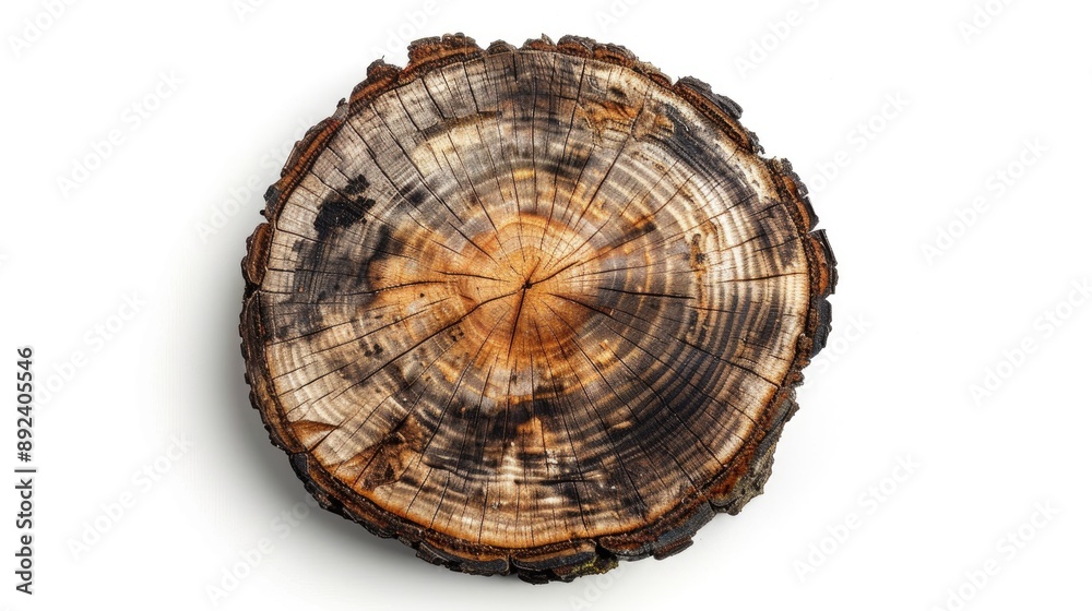 Slice of wood with bark isolated on white background View from below Slice of wood with bark isolated on white background View from below