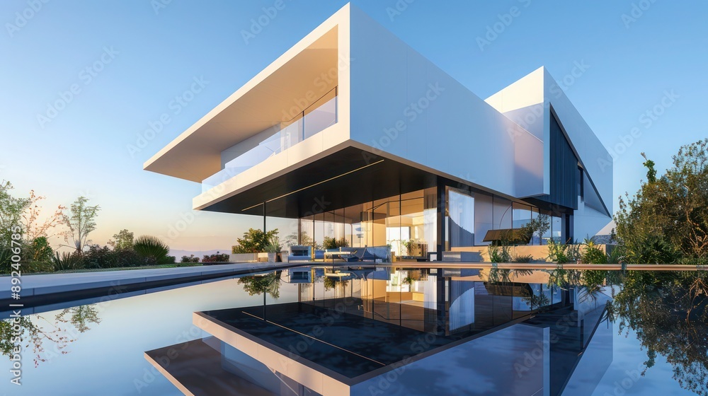 Fototapeta premium Contemporary suburban house with a minimalist facade, featuring sharp angles and a reflection pool under a clear sky
