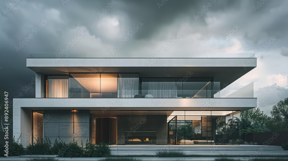 Contemporary suburban house with a minimalist facade, featuring a blend of glass and concrete, under a cloudy sky Contemporary suburban house with a minimalist facade, featuring a blend of glass and concrete, under a cloudy sky