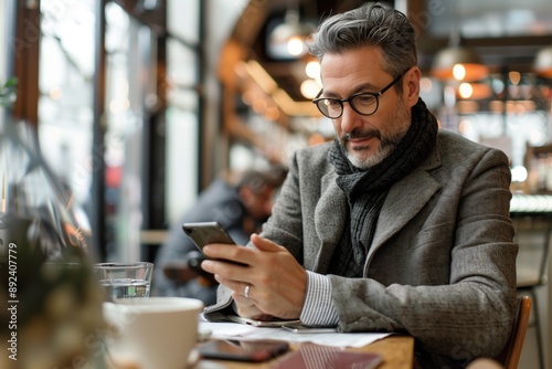 Businessman using cell phone in cafe