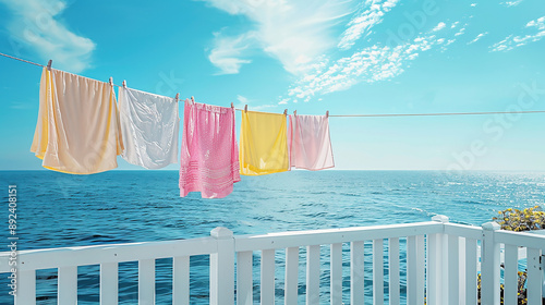 Colourful Laundry Hanging On A White Clothesline, An Ocean View In The Background, A Sunny Day, A Bright Blue Sky, A White Wooden Railing, Pastel Colours