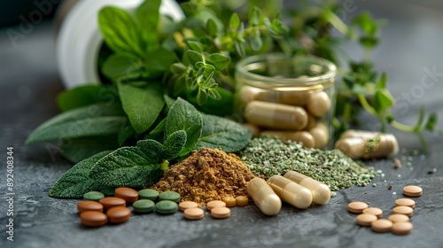 Artfully Arranged Herbal Supplements and Powdered Ingredients for Natural Wellness