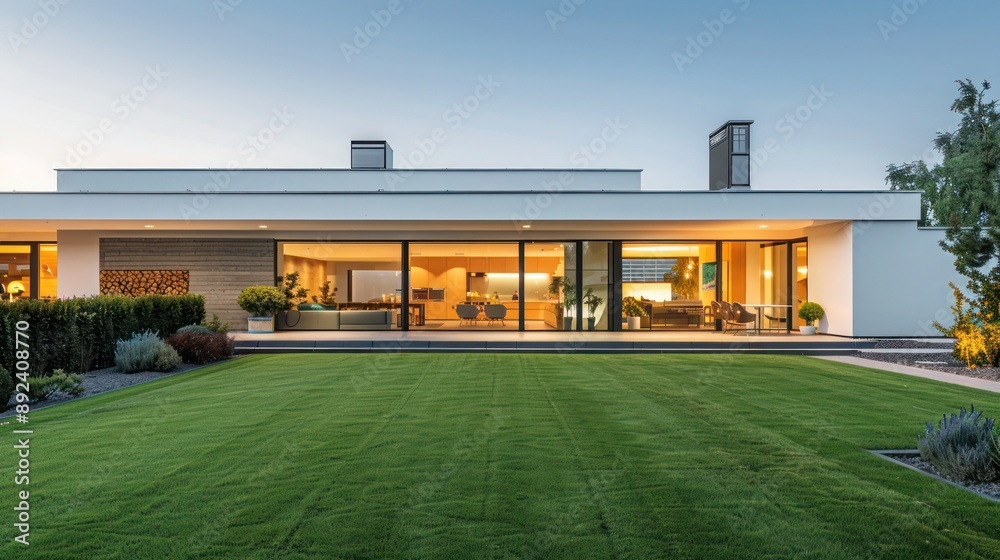 Elegant, minimalist suburban home with a focus on symmetry, featuring a large front window and manicured lawn Elegant, minimalist suburban home with a focus on symmetry, featuring a large front window and manicured lawn