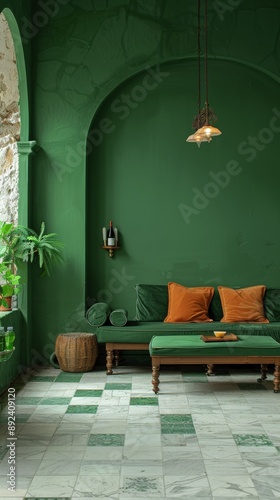 A room with green walls and arches, furnished with a sofa featuring green cushions and orange accents. The floor is tiled with green and white patterns. Potted plants add a natural element
