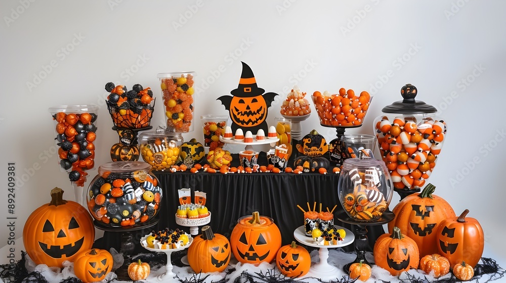 Fototapeta premium Halloween Candy Display on Decorated Table with Pumpkins and Festive Treats
