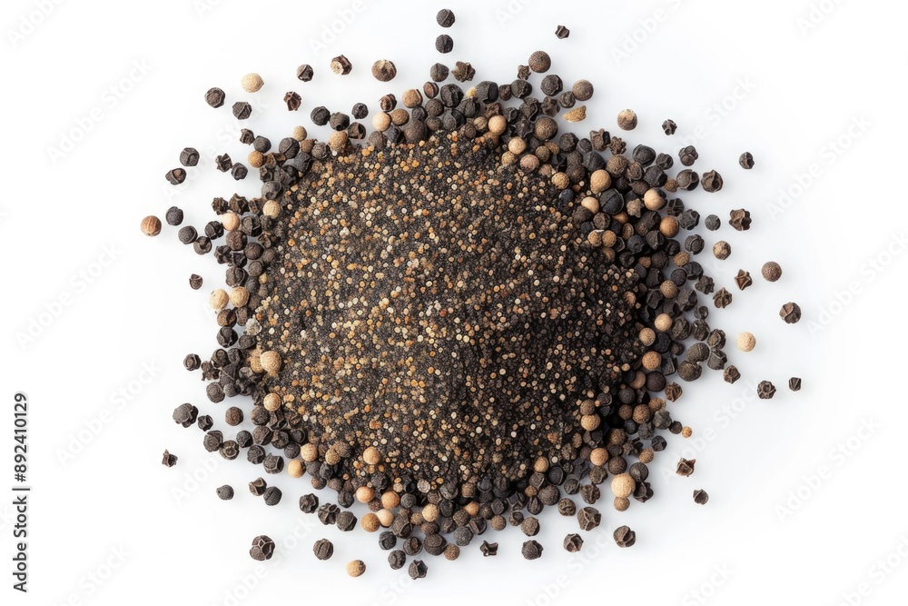 A pile of black pepper seeds on a clean white surface, great for food or spice related concepts A pile of black pepper seeds on a clean white surface, great for food or spice related concepts