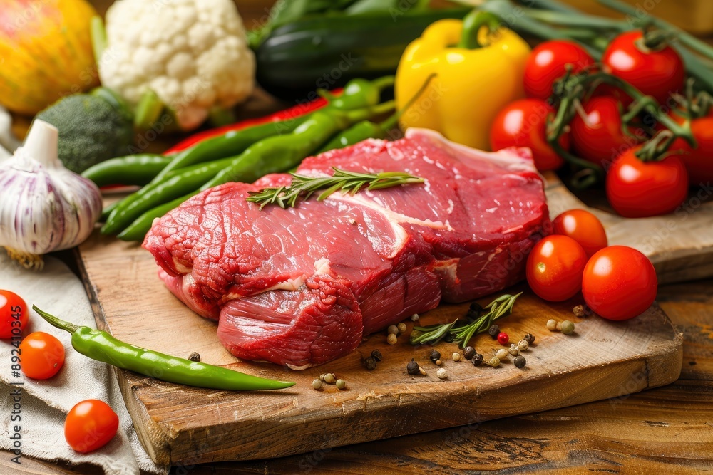 fresh red meat with vegetables on wood - generative ai fresh red meat with vegetables on wood - generative ai