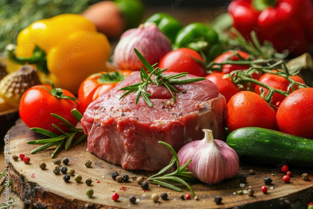 fresh red meat with vegetables on wood - generative ai fresh red meat with vegetables on wood - generative ai