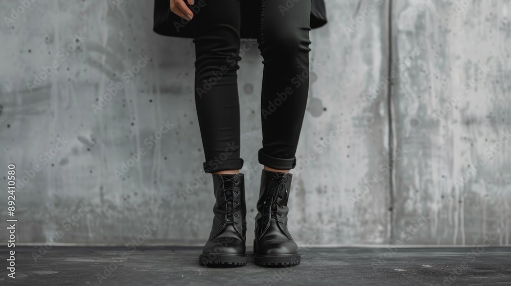 Black Boots in Front of Concrete Wall Black Boots in Front of Concrete Wall