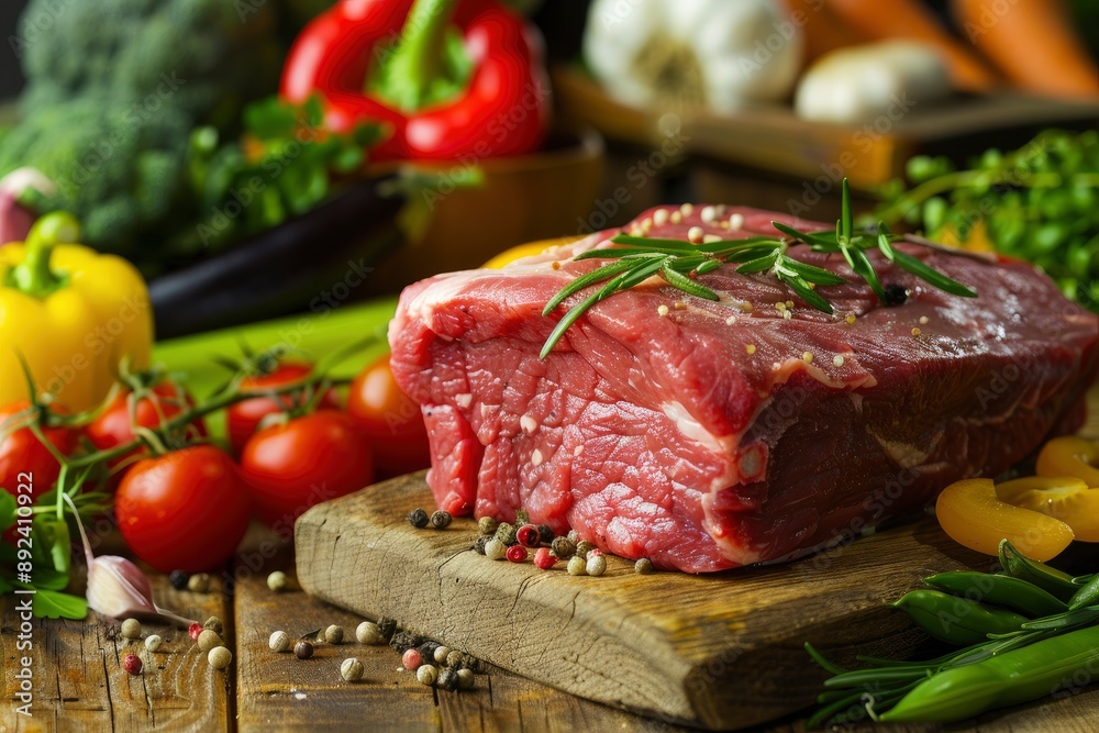 fresh red meat with vegetables on wood - generative ai fresh red meat with vegetables on wood - generative ai