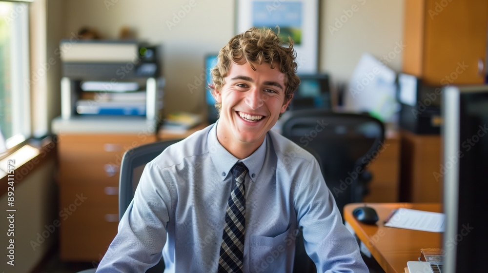 Fototapeta premium a cheerful IT specialist in professional attire, smiling warmly.