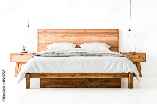 Modern wooden bed with white bedding in minimal bedroom