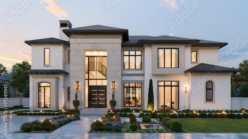 Front view of a luxury suburban home with a minimalist approach, featuring clean lines and a neutral color palette Ensure room for text