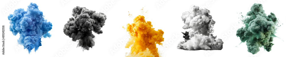 Collection of colorful smokes explosions and blast isolated on transparent or white background Collection of colorful smokes explosions and blast isolated on transparent or white background