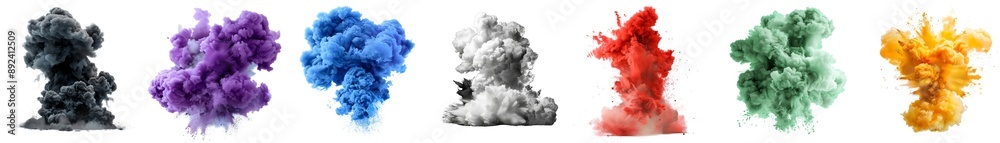 Collection of colorful smokes explosions and blast isolated on transparent or white background Collection of colorful smokes explosions and blast isolated on transparent or white background