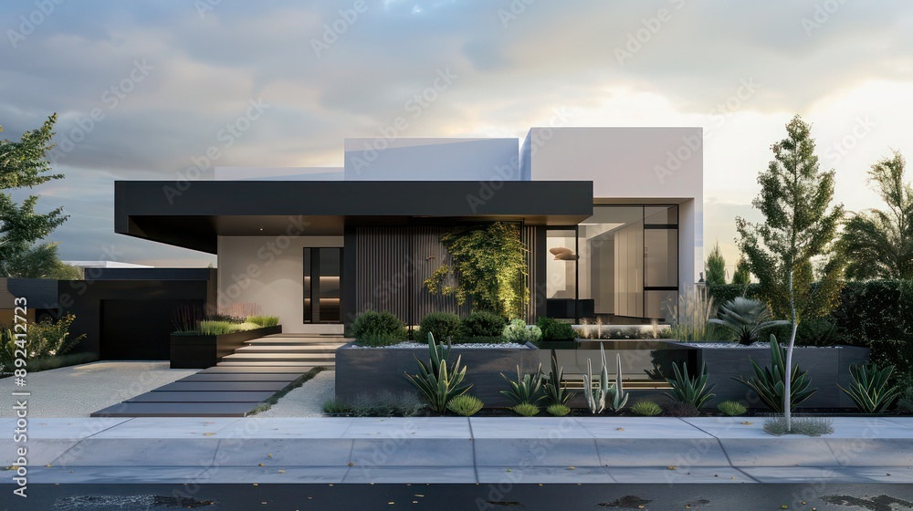 Front view of a minimalist suburban house with a sleek black and white color scheme and subtle landscape design Front view of a minimalist suburban house with a sleek black and white color scheme and subtle landscape design