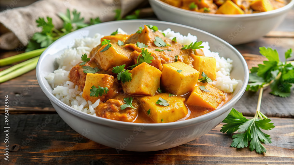 Steaming hot curry with chunks of potato and fluffy white rice fills a crisp white bowl, garnished with fresh cilantro and a sprinkle of spices. Steaming hot curry with chunks of potato and fluffy white rice fills a crisp white bowl, garnished with fresh cilantro and a sprinkle of spices.