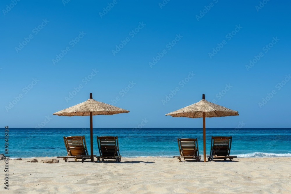 Relaxing Beach Scene with Two Umbrellas and Lounge Chairs Relaxing Beach Scene with Two Umbrellas and Lounge Chairs