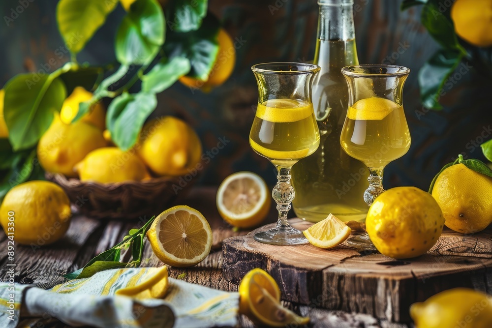 Italian limoncello and fresh lemons on a rustic wooden background.Traditional homemade lemon liqueur with fresh citrus fruits. Close-up with short depth of focus. Mediterranean - generative ai Italian limoncello and fresh lemons on a rustic wooden background.Traditional homemade lemon liqueur with fresh citrus fruits. Close-up with short depth of focus. Mediterranean - generative ai