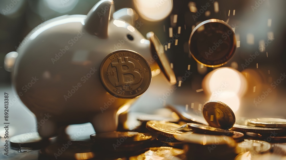 Coins falling to white piggy saving , Financial and money deposit concept. 