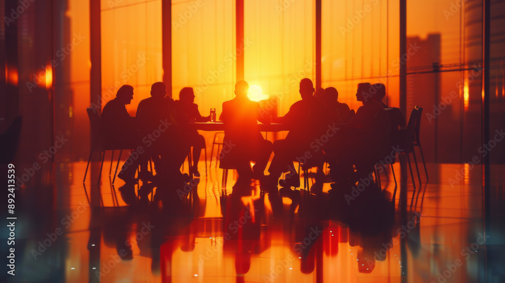 Office team meeting, silhouettes of company employees and coworkers sitting around the table and discussing business topics, corporation colleagues talking about success in economy in the future Office team meeting, silhouettes of company employees and coworkers sitting around the table and discussing business topics, corporation colleagues talking about success in economy in the future