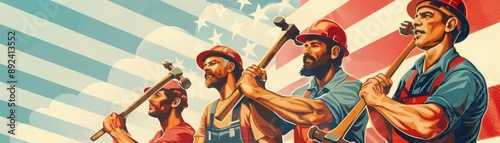 Vintage-style Labor Day poster, American workers with hammers, stars and stripes design photo